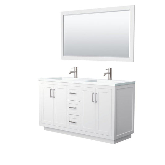 Wyndham Collection Miranda 60" Double Bathroom White Vanity Set With 1.25" Thick Matte White Solid Surface Countertop, Integrated Sink, 58" Mirror And Brushed Nickel Trim