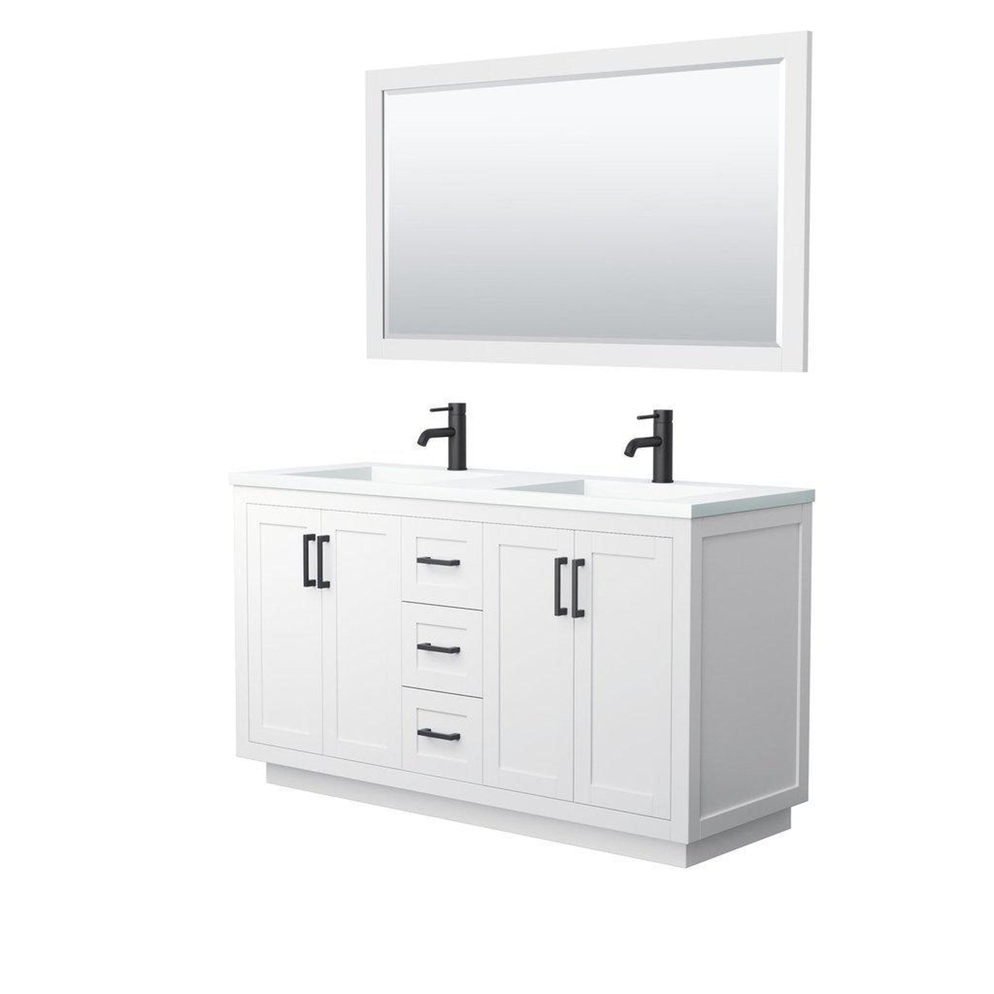 Wyndham Collection Miranda 60" Double Bathroom White Vanity Set With 1.25" Thick Matte White Solid Surface Countertop, Integrated Sink, 58" Mirror And Matte Black Trim