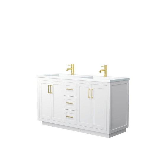 Wyndham Collection Miranda 60" Double Bathroom White Vanity Set With 1.25" Thick Matte White Solid Surface Countertop, Integrated Sink, And Brushed Gold Trim