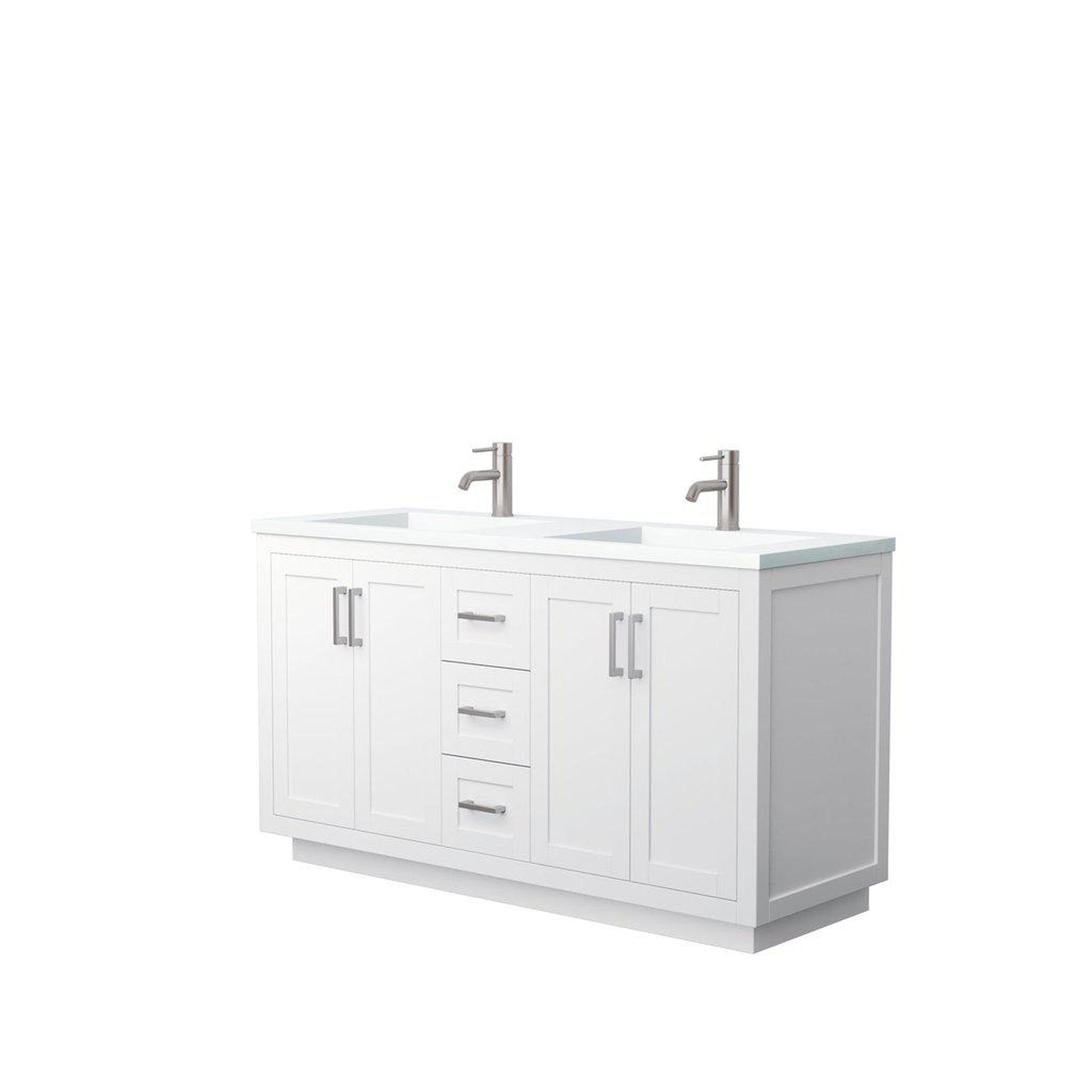 Wyndham Collection Miranda 60" Double Bathroom White Vanity Set With 1.25" Thick Matte White Solid Surface Countertop, Integrated Sink, And Brushed Nickel Trim