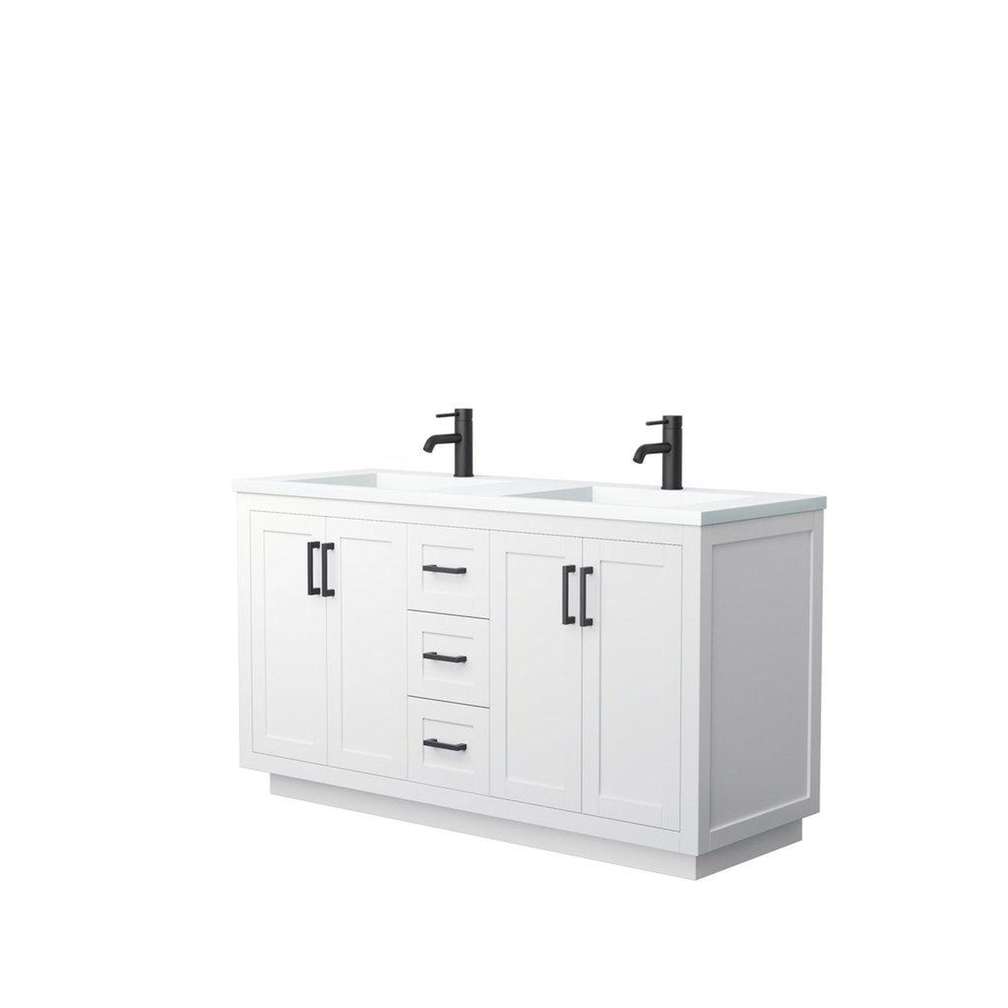 Wyndham Collection Miranda 60" Double Bathroom White Vanity Set With 1.25" Thick Matte White Solid Surface Countertop, Integrated Sink, And Matte Black Trim