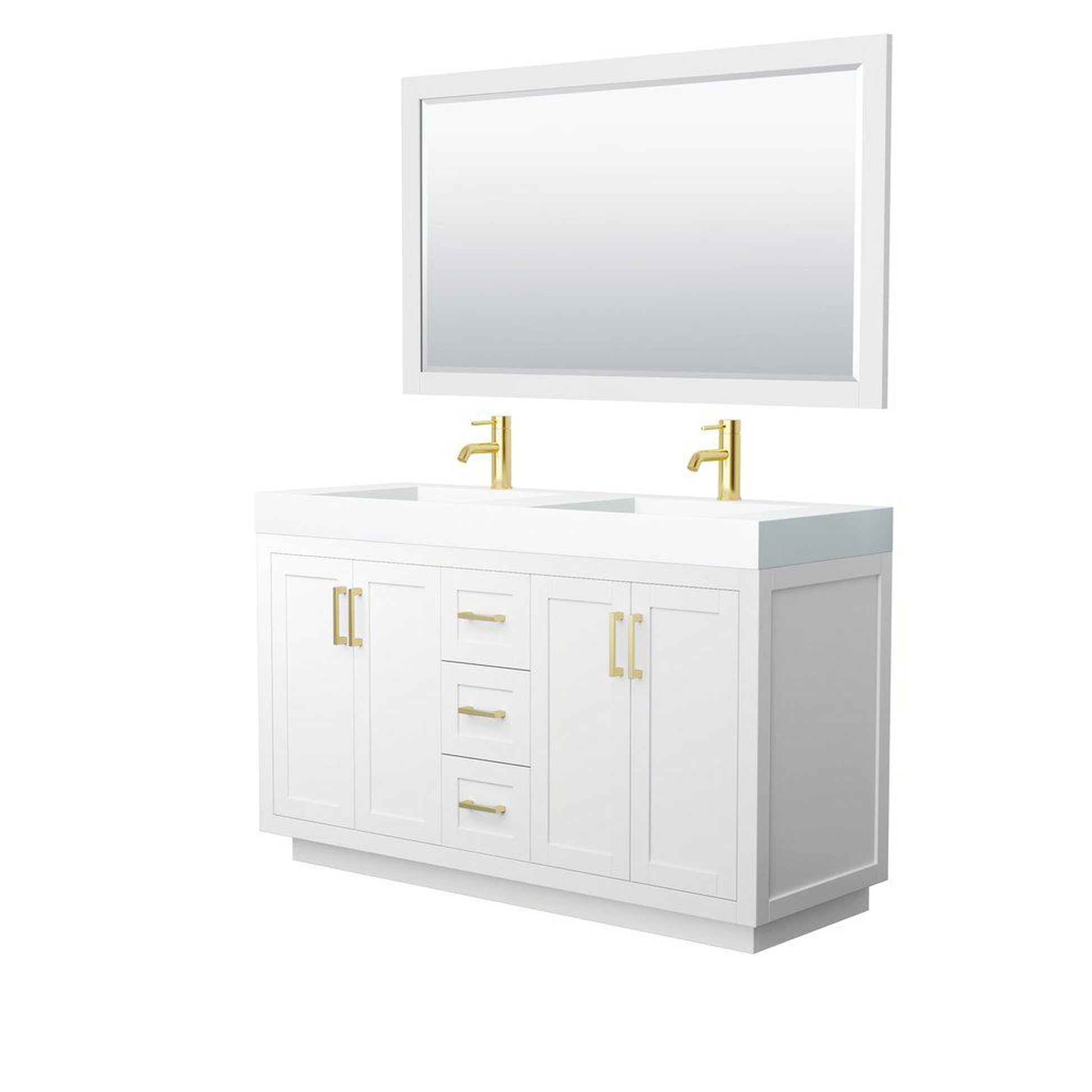 Wyndham Collection Miranda 60" Double Bathroom White Vanity Set With 4" Thick Matte White Solid Surface Countertop, Integrated Sink, 58" Mirror And Brushed Gold Trim