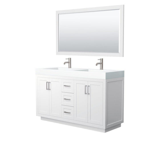 Wyndham Collection Miranda 60" Double Bathroom White Vanity Set With 4" Thick Matte White Solid Surface Countertop, Integrated Sink, 58" Mirror And Brushed Nickel Trim