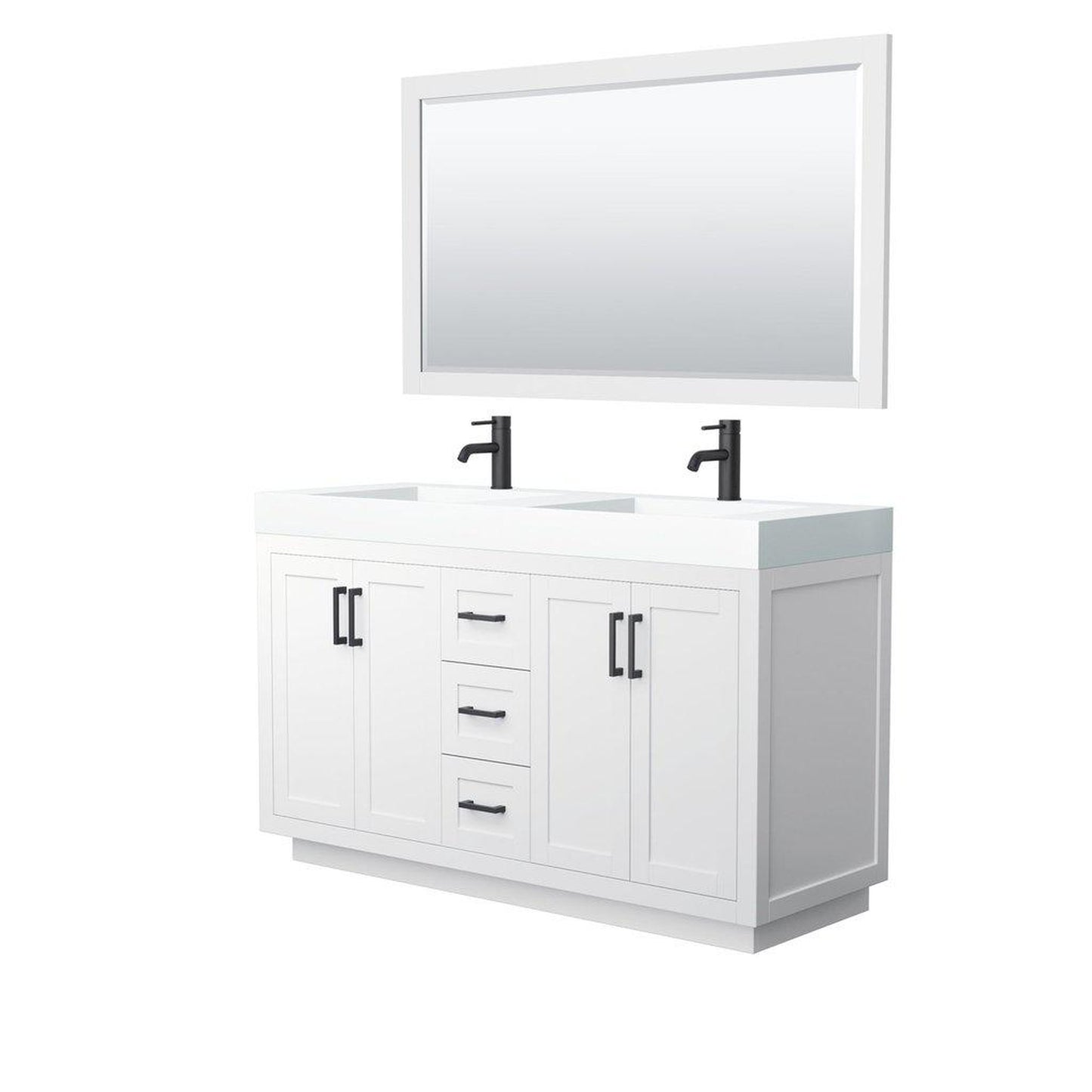 Wyndham Collection Miranda 60" Double Bathroom White Vanity Set With 4" Thick Matte White Solid Surface Countertop, Integrated Sink, 58" Mirror And Matte Black Trim