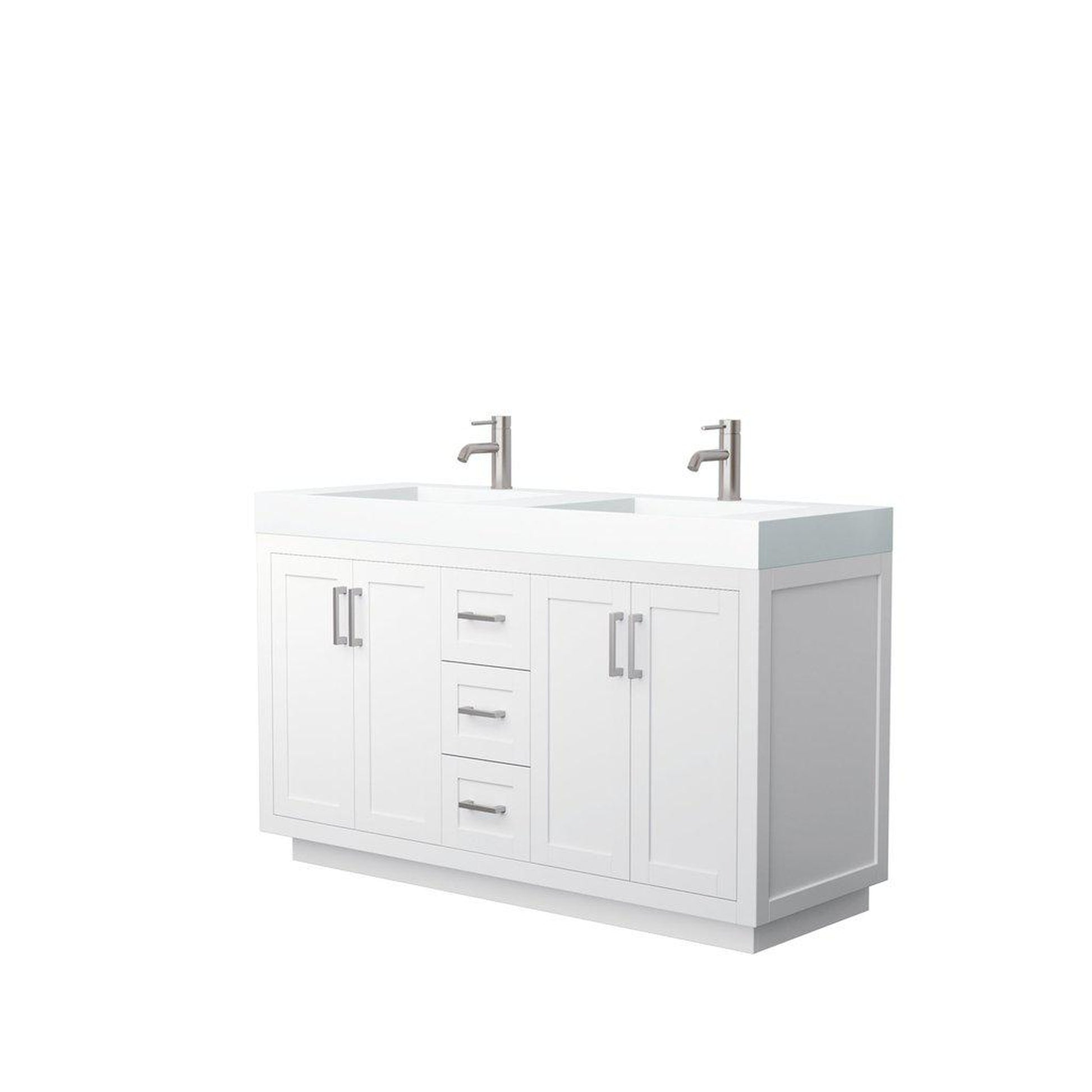 Wyndham Collection Miranda 60" Double Bathroom White Vanity Set With 4" Thick Matte White Solid Surface Countertop, Integrated Sink, And Brushed Nickel Trim