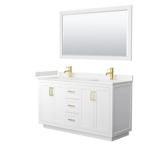 Wyndham Collection Miranda 60" Double Bathroom White Vanity Set With Light-Vein Carrara Cultured Marble Countertop, Undermount Square Sink, 58" Mirror And Brushed Gold Trim