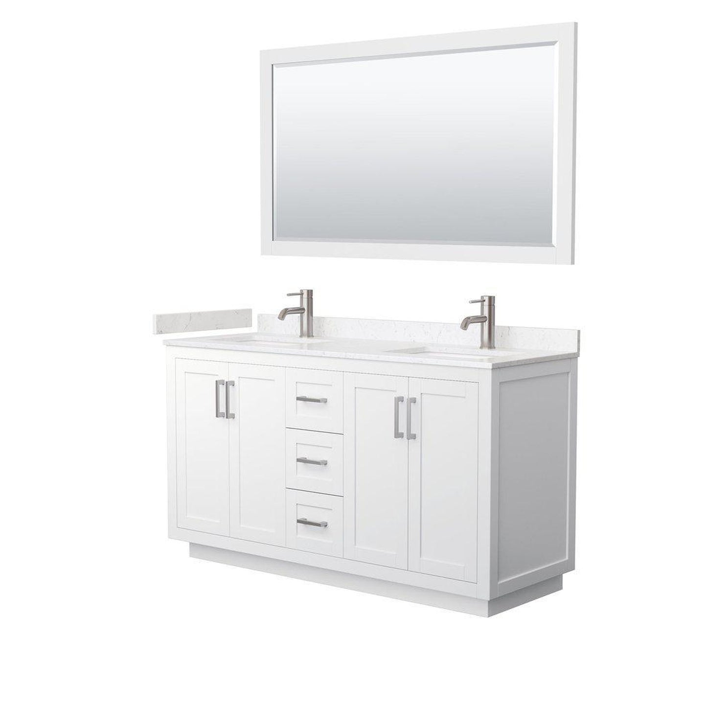 Wyndham Collection Miranda 60" Double Bathroom White Vanity Set With Light-Vein Carrara Cultured Marble Countertop, Undermount Square Sink, 58" Mirror And Brushed Nickel Trim