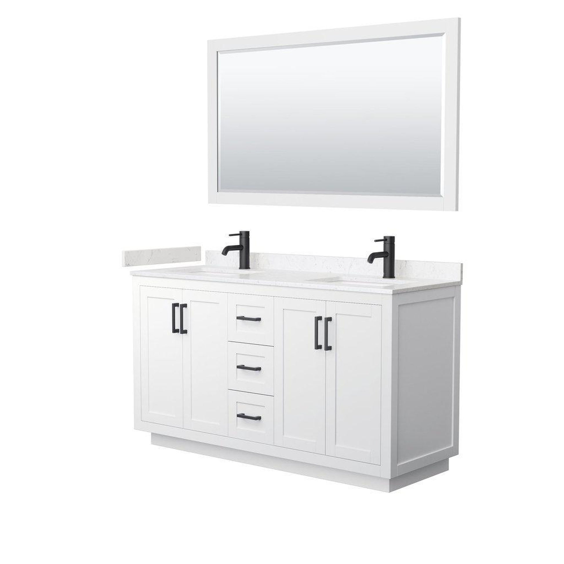 Wyndham Collection Miranda 60" Double Bathroom White Vanity Set With Light-Vein Carrara Cultured Marble Countertop, Undermount Square Sink, 58" Mirror And Matte Black Trim