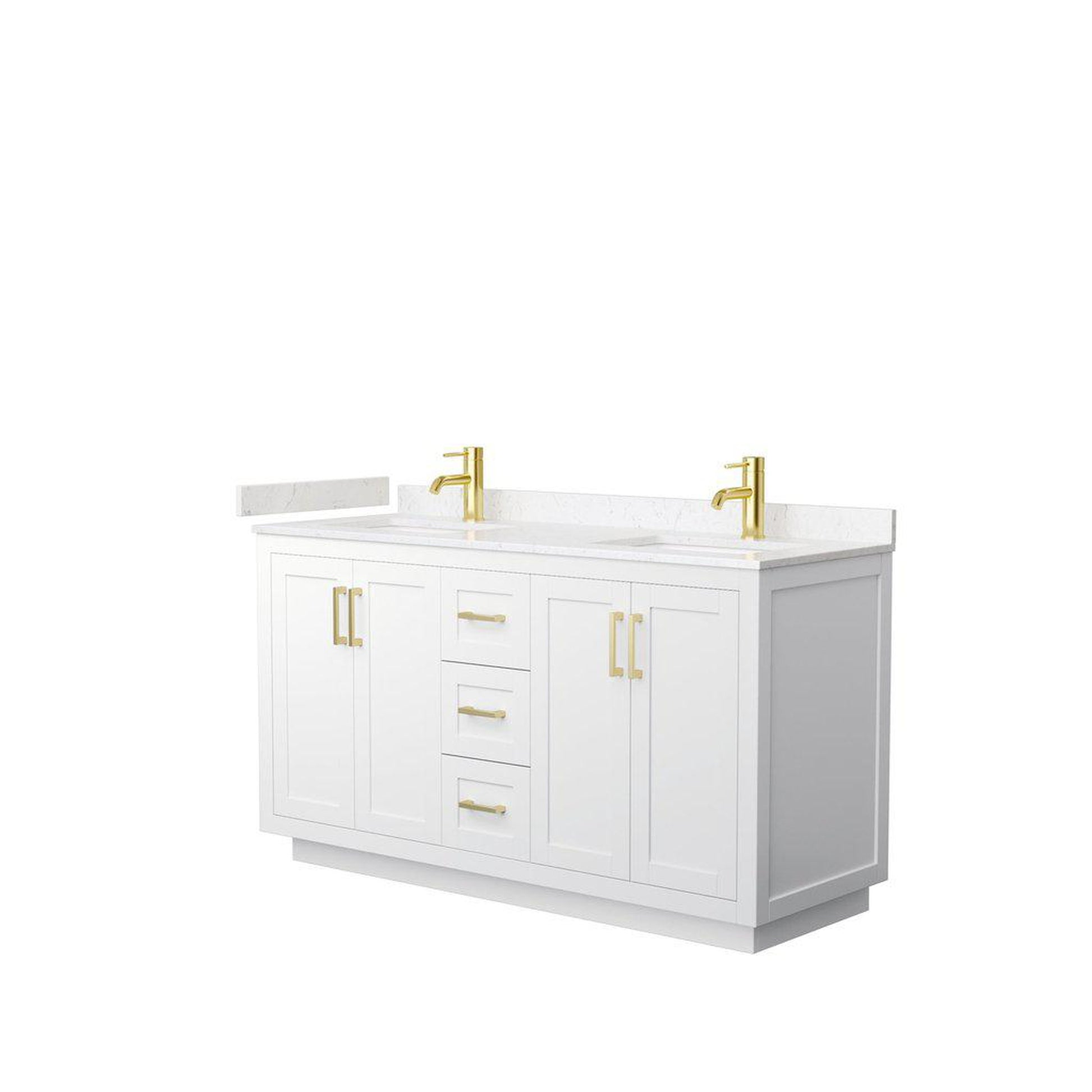 Wyndham Collection Miranda 60" Double Bathroom White Vanity Set With Light-Vein Carrara Cultured Marble Countertop, Undermount Square Sink, And Brushed Gold Trim