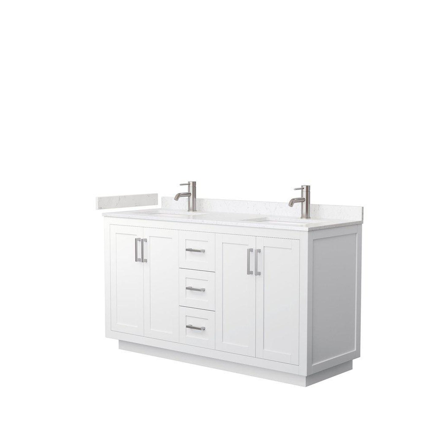 Wyndham Collection Miranda 60" Double Bathroom White Vanity Set With Light-Vein Carrara Cultured Marble Countertop, Undermount Square Sink, And Brushed Nickel Trim
