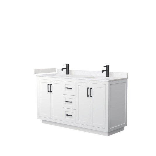 Wyndham Collection Miranda 60" Double Bathroom White Vanity Set With Light-Vein Carrara Cultured Marble Countertop, Undermount Square Sink, And Matte Black Trim