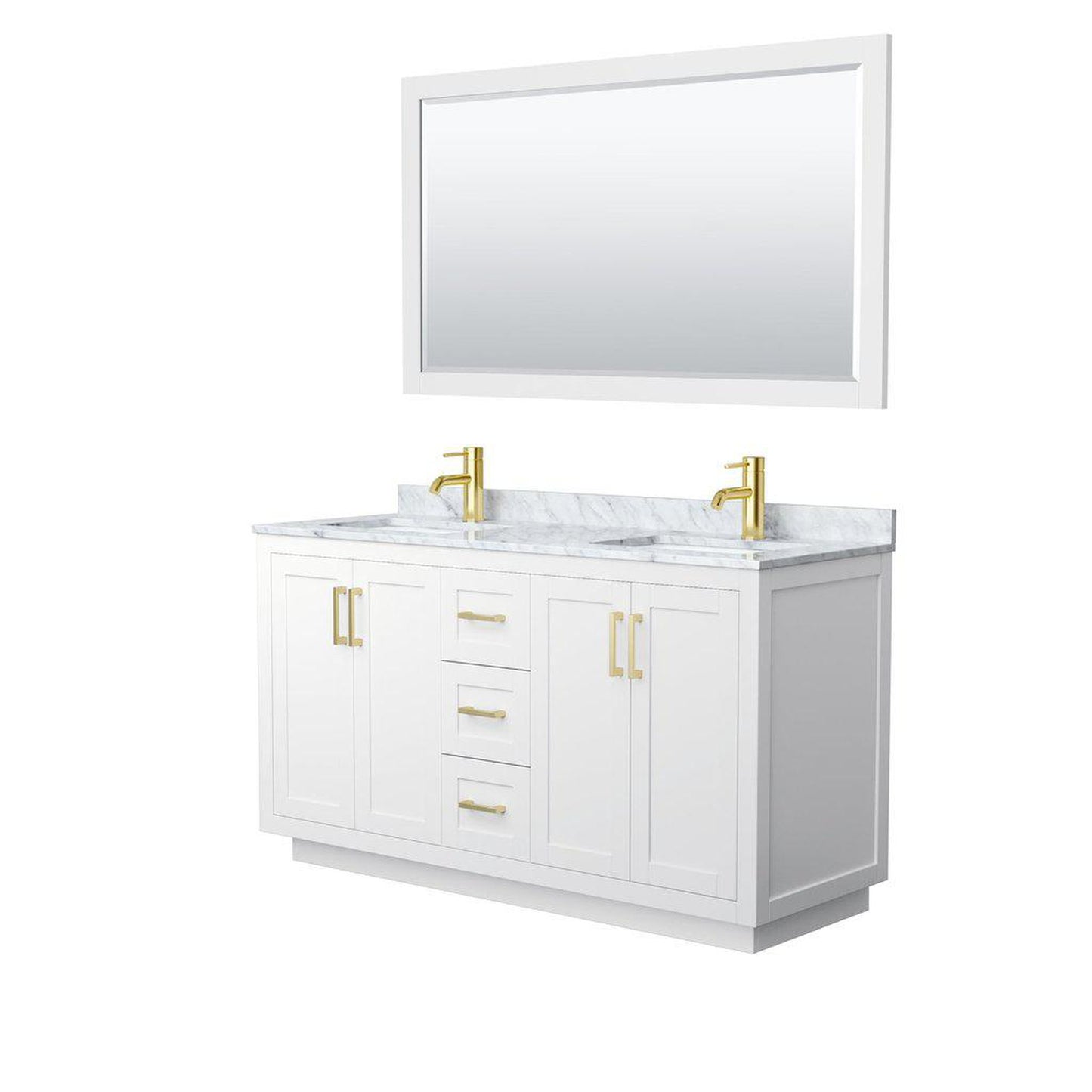 Wyndham Collection Miranda 60" Double Bathroom White Vanity Set With White Carrara Marble Countertop, Undermount Square Sink, 58" Mirror And Brushed Gold Trim