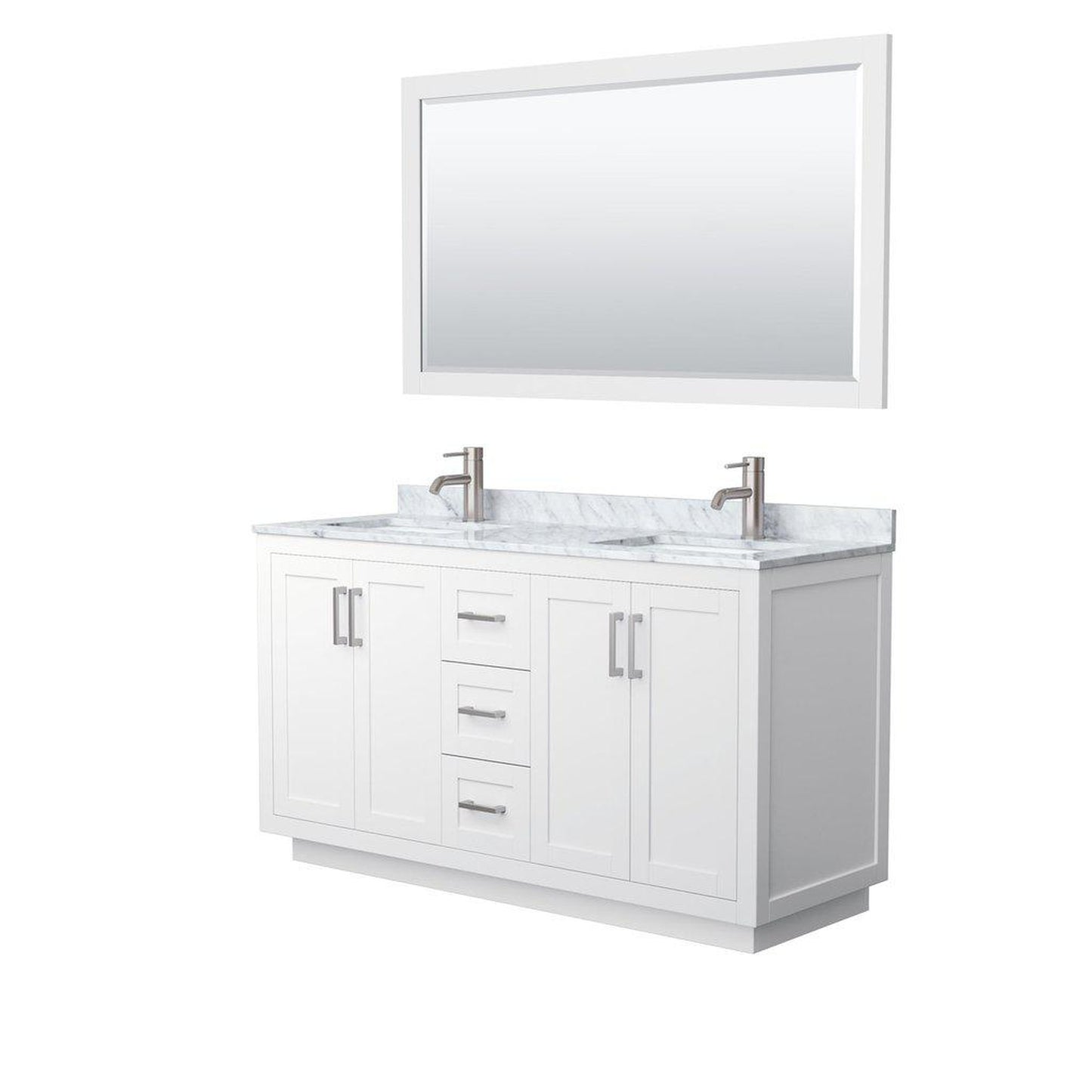 Wyndham Collection Miranda 60" Double Bathroom White Vanity Set With White Carrara Marble Countertop, Undermount Square Sink, 58" Mirror And Brushed Nickel Trim