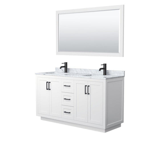 Wyndham Collection Miranda 60" Double Bathroom White Vanity Set With White Carrara Marble Countertop, Undermount Square Sink, 58" Mirror And Matte Black Trim