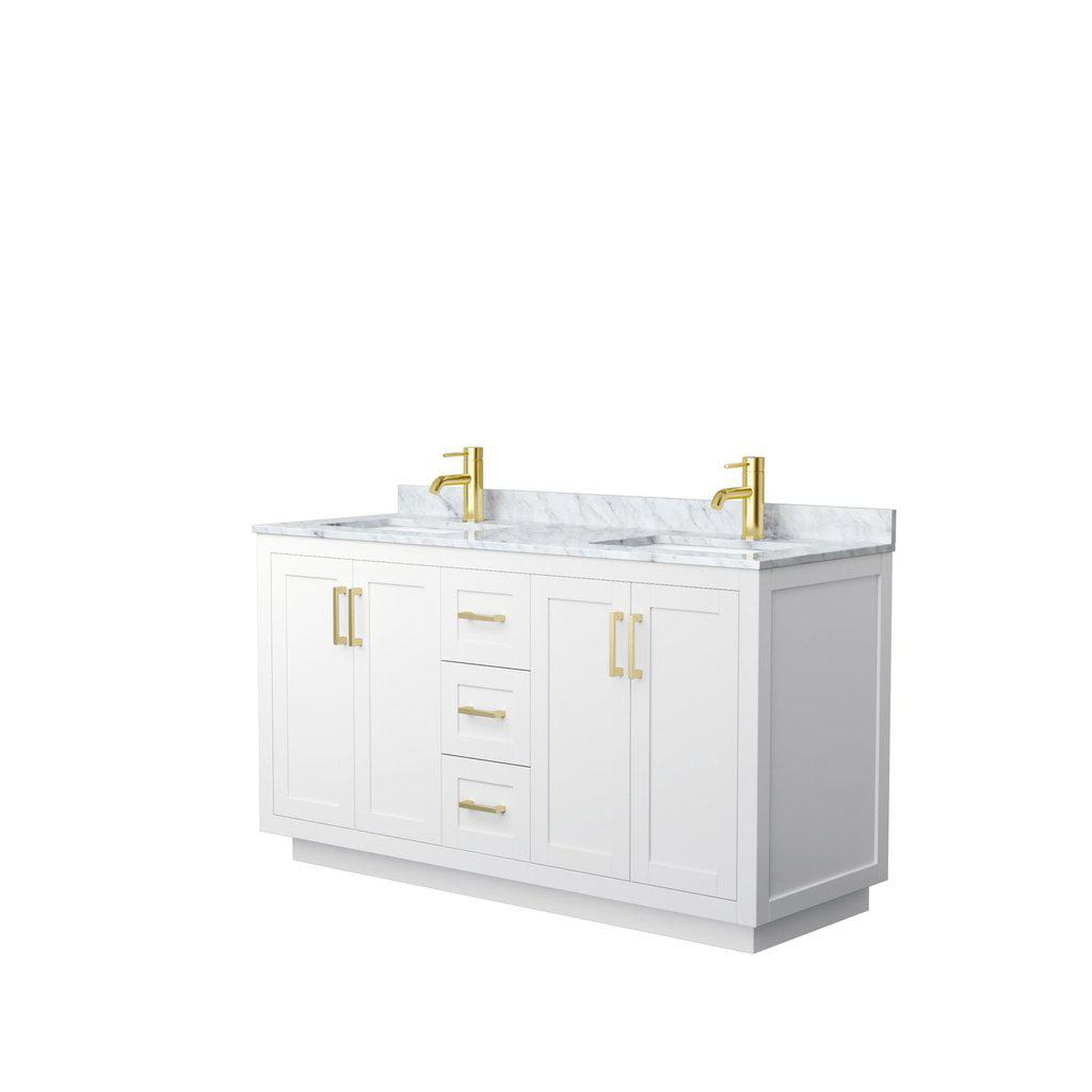 Wyndham Collection Miranda 60" Double Bathroom White Vanity Set With White Carrara Marble Countertop, Undermount Square Sink, And Brushed Gold Trim