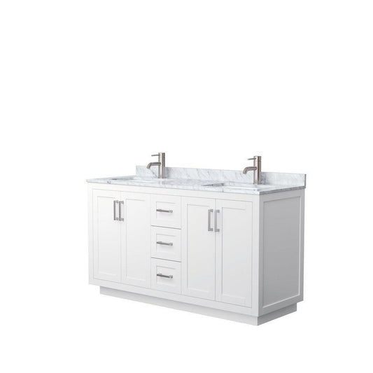 Wyndham Collection Miranda 60" Double Bathroom White Vanity Set With White Carrara Marble Countertop, Undermount Square Sink, And Brushed Nickel Trim