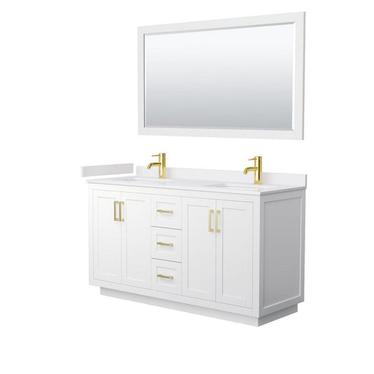 Wyndham Collection Miranda 60" Double Bathroom White Vanity Set With White Cultured Marble Countertop, Undermount Square Sink, 58" Mirror And Brushed Gold Trim