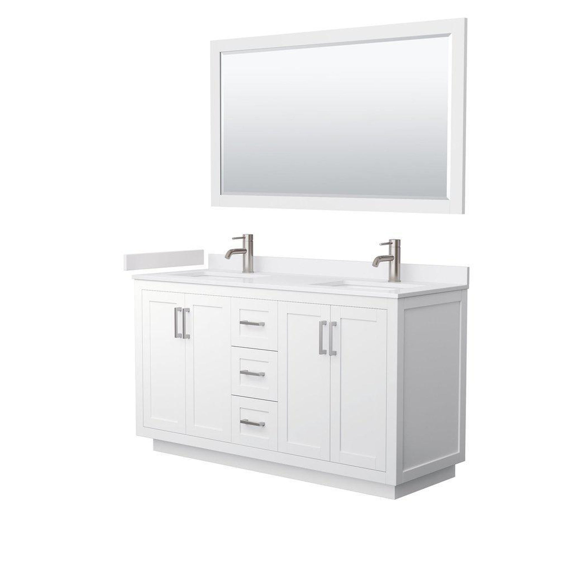 Wyndham Collection Miranda 60" Double Bathroom White Vanity Set With White Cultured Marble Countertop, Undermount Square Sink, 58" Mirror And Brushed Nickel Trim