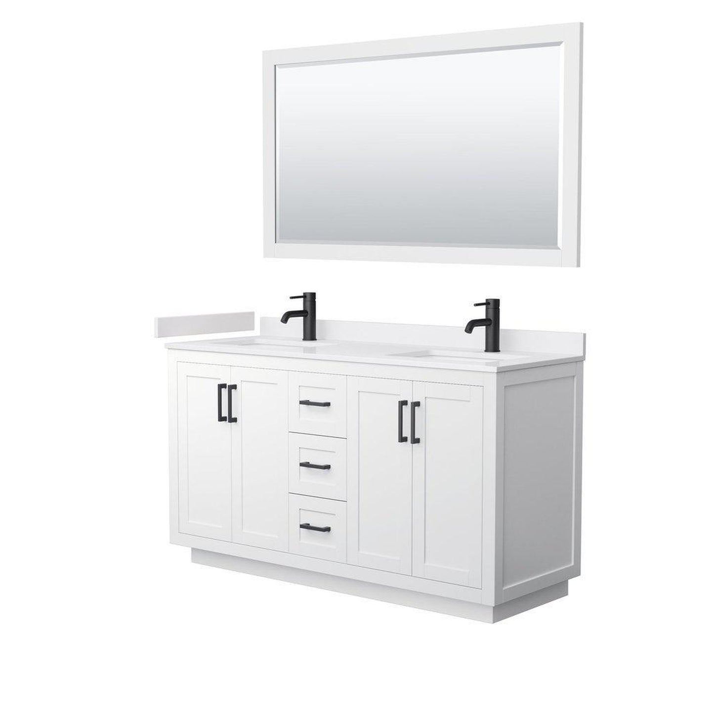 Wyndham Collection Miranda 60" Double Bathroom White Vanity Set With White Cultured Marble Countertop, Undermount Square Sink, 58" Mirror And Matte Black Trim