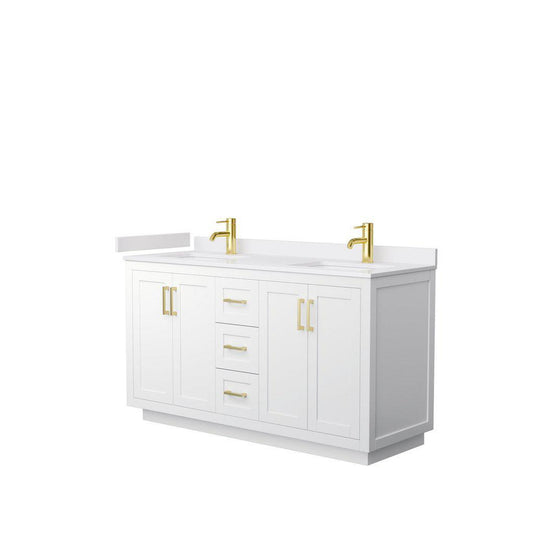 Wyndham Collection Miranda 60" Double Bathroom White Vanity Set With White Cultured Marble Countertop, Undermount Square Sink, And Brushed Gold Trim