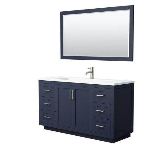 Wyndham Collection Miranda 60" Single Bathroom Dark Blue Vanity Set With 1.25" Thick Matte White Solid Surface Countertop, Integrated Sink, 58" Mirror And Brushed Nickel Trim