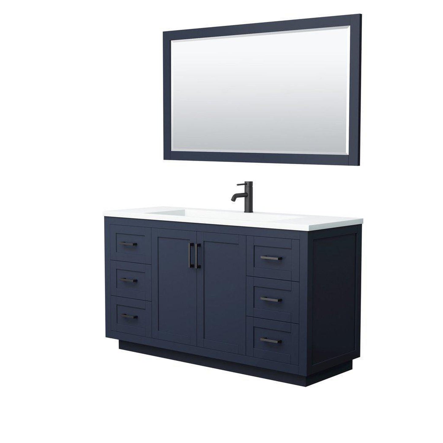 Wyndham Collection Miranda 60" Single Bathroom Dark Blue Vanity Set With 1.25" Thick Matte White Solid Surface Countertop, Integrated Sink, 58" Mirror And Matte Black Trim