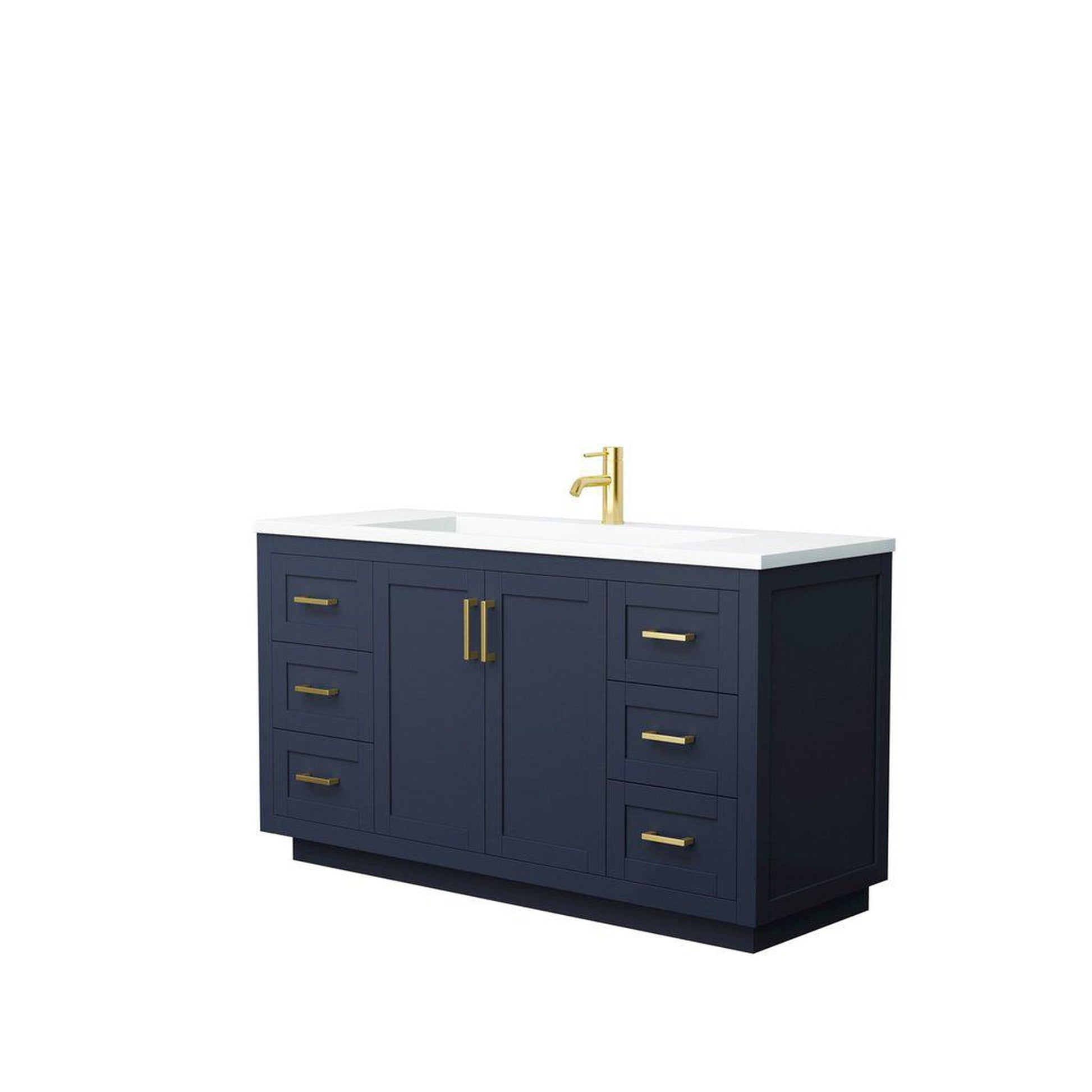 Wyndham Collection Miranda 60" Single Bathroom Dark Blue Vanity Set With 1.25" Thick Matte White Solid Surface Countertop, Integrated Sink, And Brushed Gold Trim