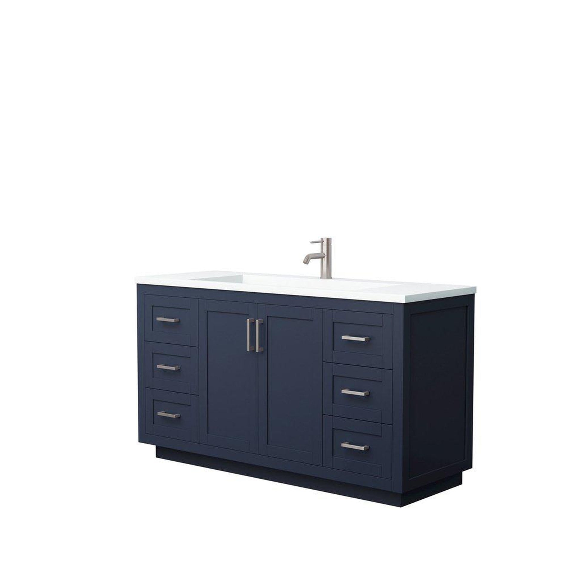 Wyndham Collection Miranda 60" Single Bathroom Dark Blue Vanity Set With 1.25" Thick Matte White Solid Surface Countertop, Integrated Sink, And Brushed Nickel Trim