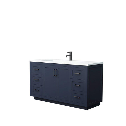 Wyndham Collection Miranda 60" Single Bathroom Dark Blue Vanity Set With 1.25" Thick Matte White Solid Surface Countertop, Integrated Sink, And Matte Black Trim