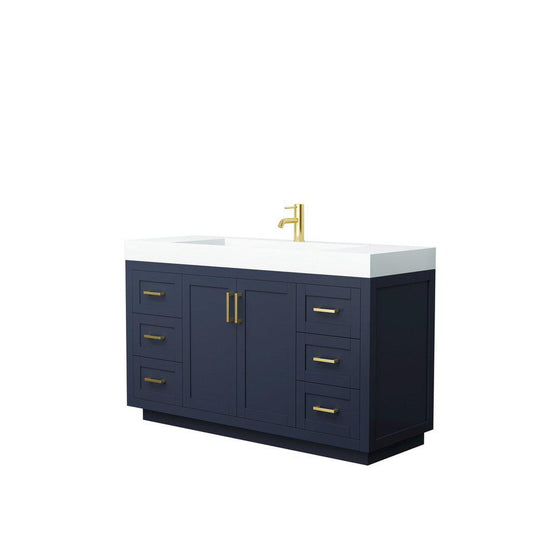 Wyndham Collection Miranda 60" Single Bathroom Dark Blue Vanity Set With 4" Thick Matte White Solid Surface Countertop, Integrated Sink, And Brushed Gold Trim