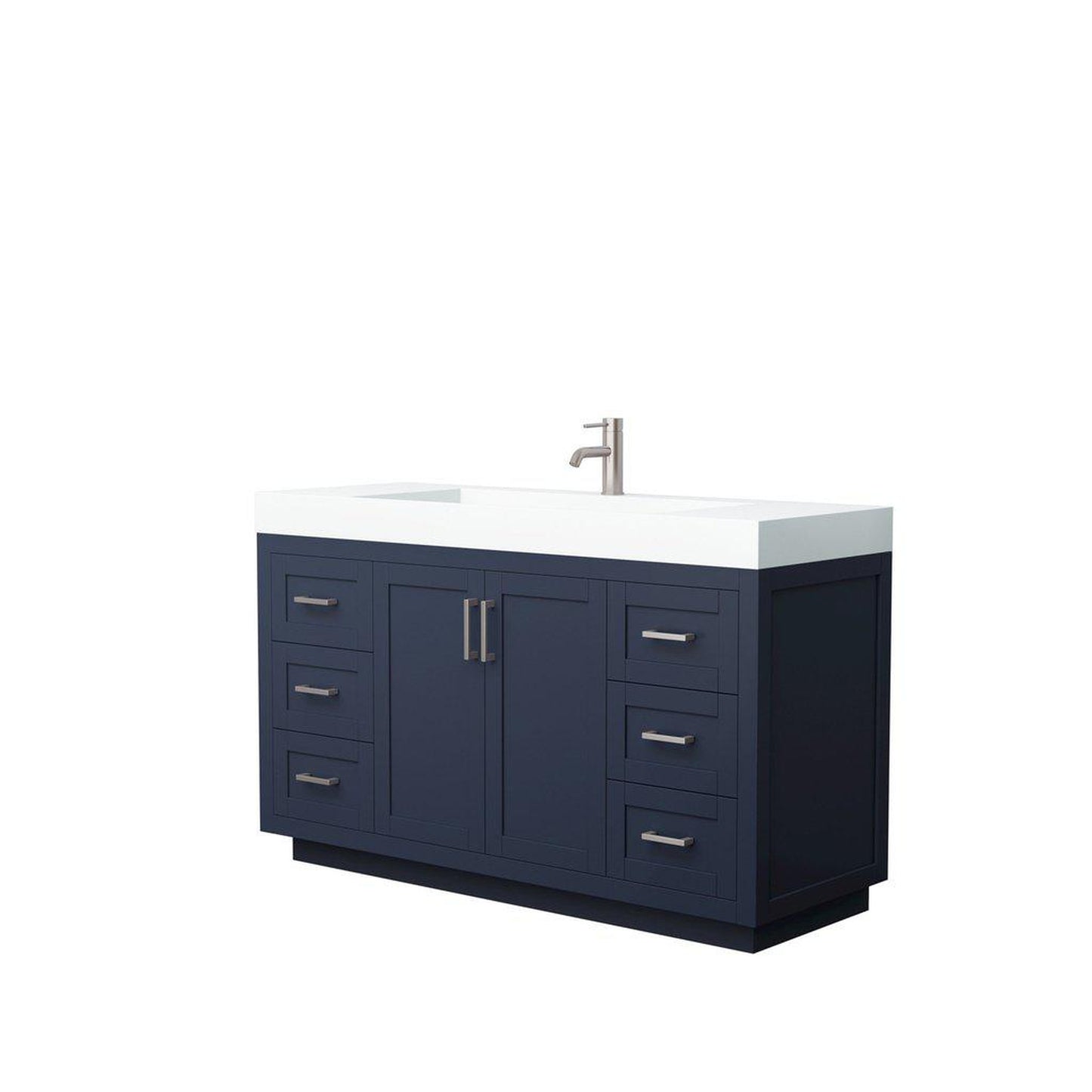 Wyndham Collection Miranda 60" Single Bathroom Dark Blue Vanity Set With 4" Thick Matte White Solid Surface Countertop, Integrated Sink, And Brushed Nickel Trim