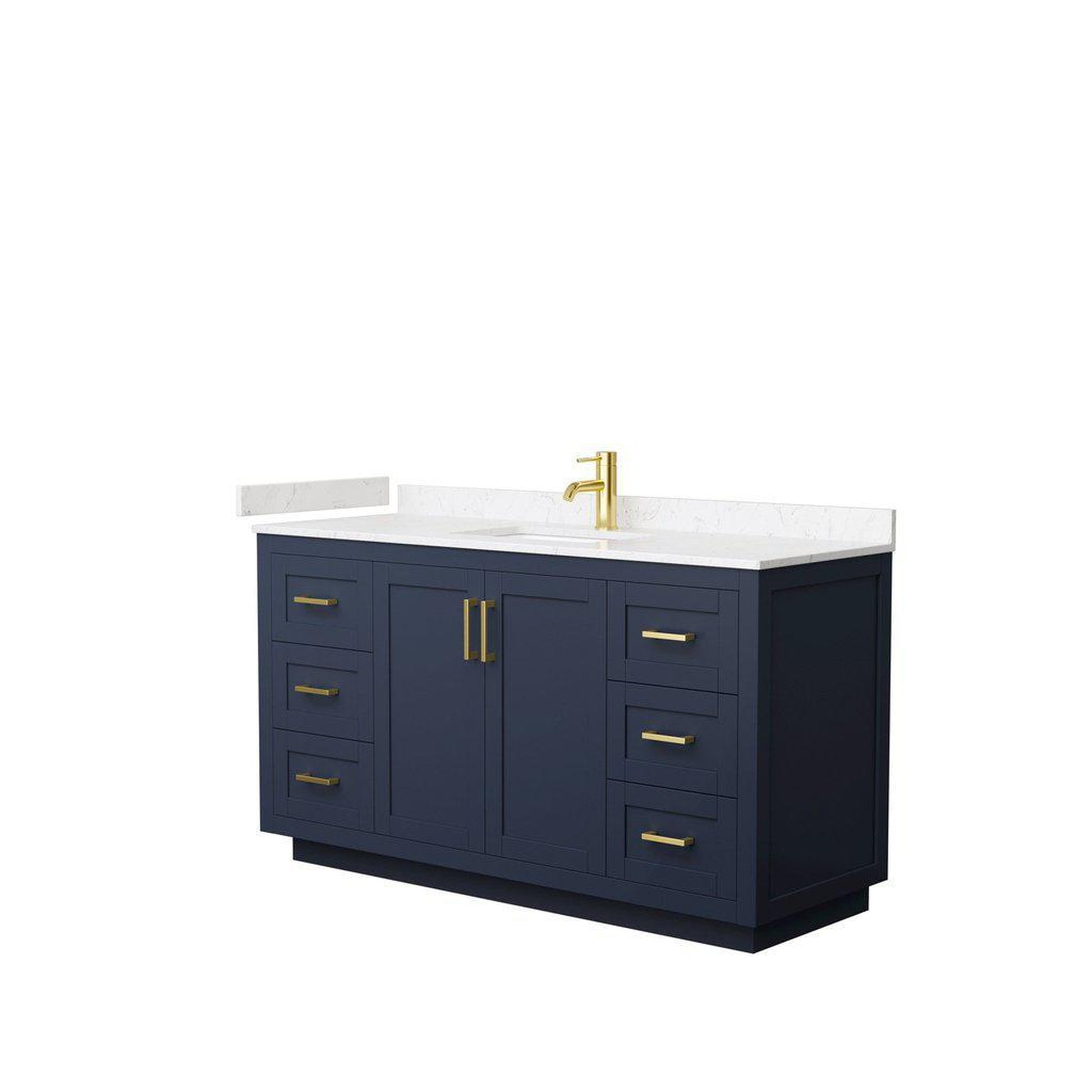 Wyndham Collection Miranda 60" Single Bathroom Dark Blue Vanity Set With Light-Vein Carrara Cultured Marble Countertop, Undermount Square Sink, And Brushed Gold Trim