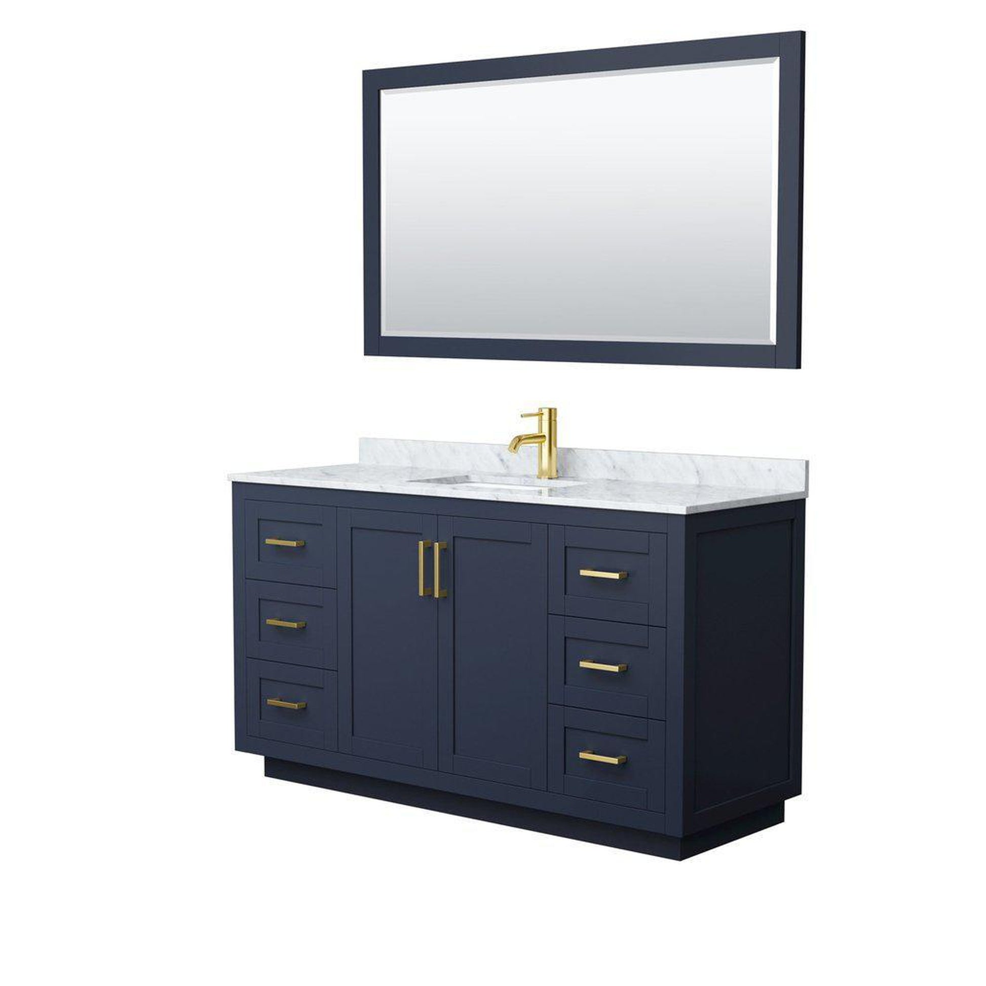 Wyndham Collection Miranda 60" Single Bathroom Dark Blue Vanity Set With White Carrara Marble Countertop, Undermount Square Sink, 58" Mirror And Brushed Gold Trim