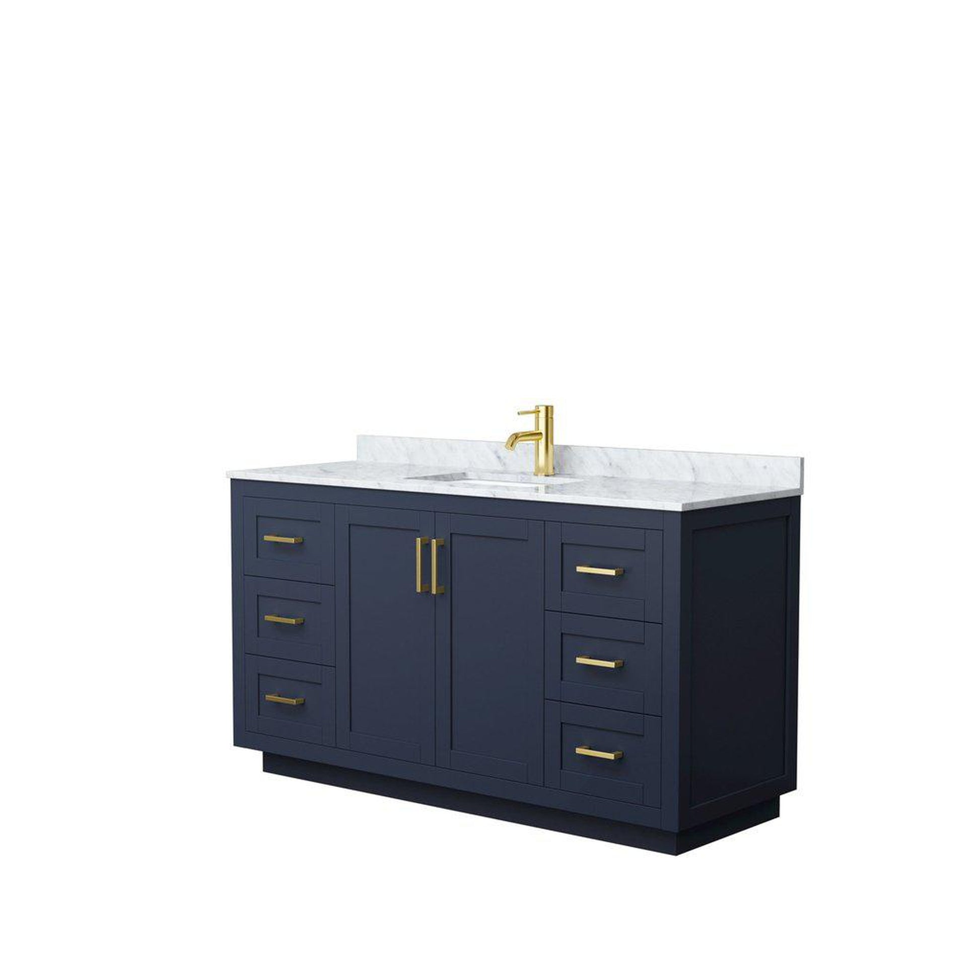 Wyndham Collection Miranda 60" Single Bathroom Dark Blue Vanity Set With White Carrara Marble Countertop, Undermount Square Sink, And Brushed Gold Trim