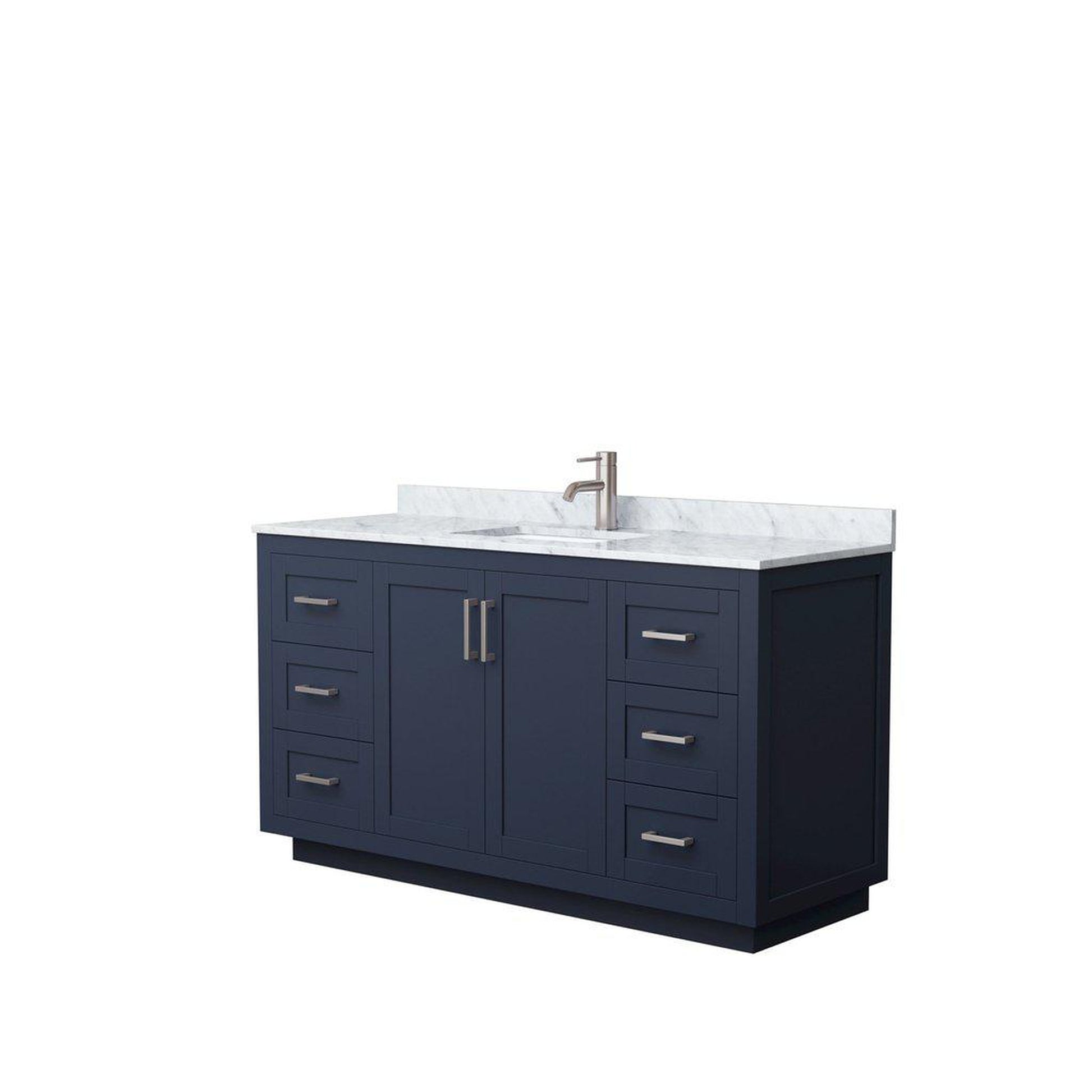 Wyndham Collection Miranda 60" Single Bathroom Dark Blue Vanity Set With White Carrara Marble Countertop, Undermount Square Sink, And Brushed Nickel Trim