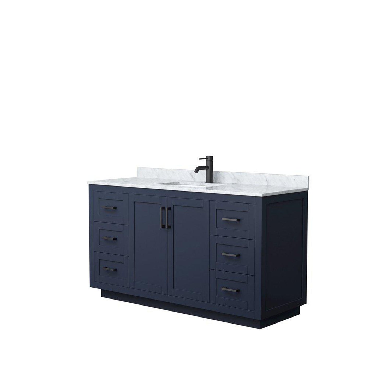 Wyndham Collection Miranda 60" Single Bathroom Dark Blue Vanity Set With White Carrara Marble Countertop, Undermount Square Sink, And Matte Black Trim