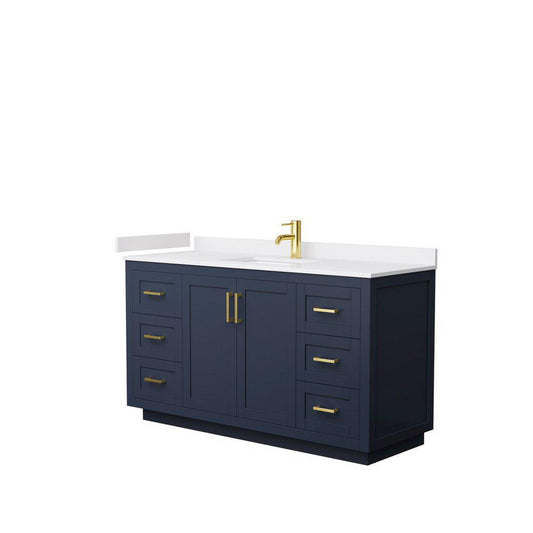 Wyndham Collection Miranda 60" Single Bathroom Dark Blue Vanity Set With White Cultured Marble Countertop, Undermount Square Sink, And Brushed Gold Trim