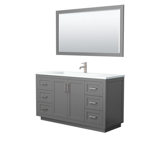 Wyndham Collection Miranda 60" Single Bathroom Dark Gray Vanity Set With 1.25" Thick Matte White Solid Surface Countertop, Integrated Sink, 58" Mirror And Brushed Nickel Trim