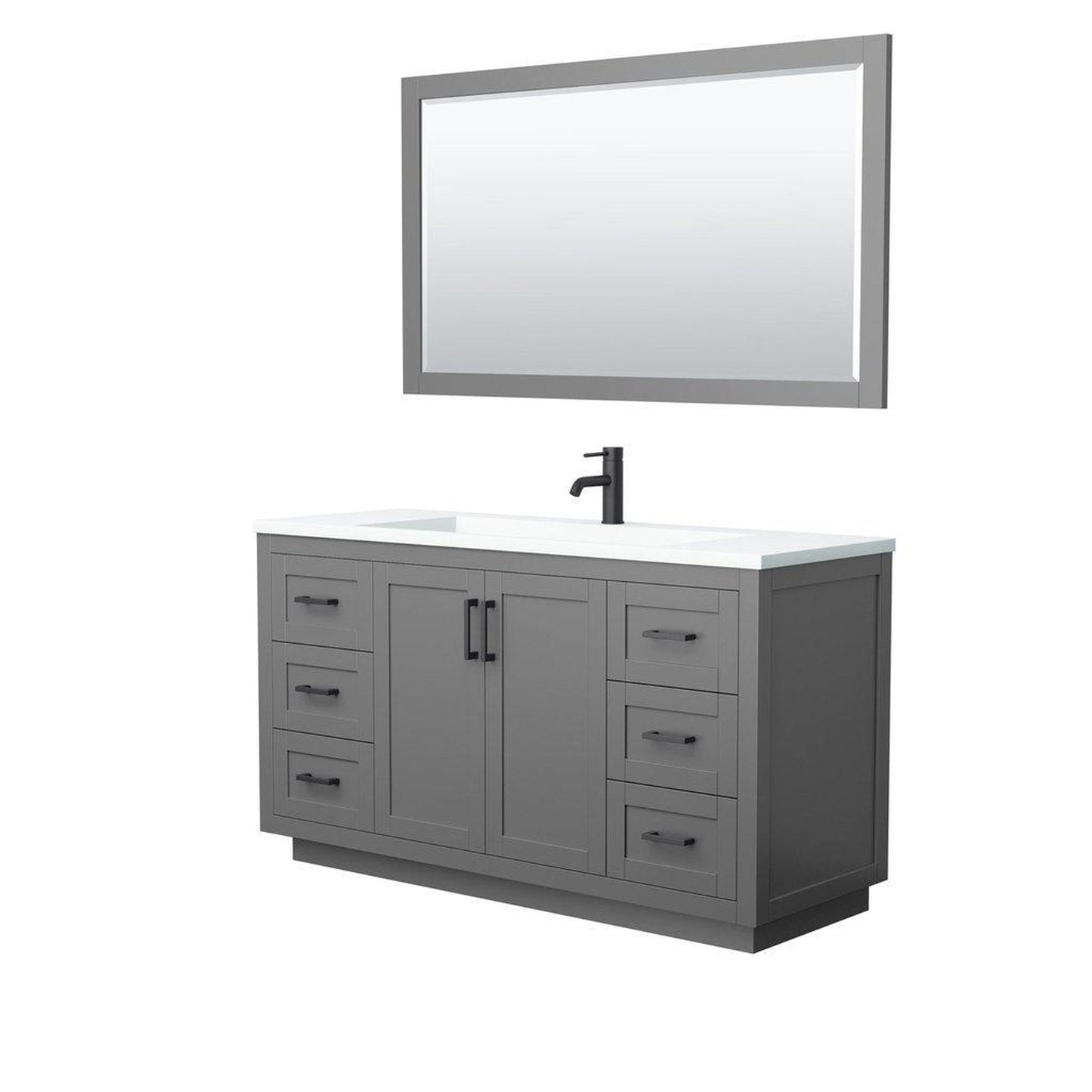 Wyndham Collection Miranda 60" Single Bathroom Dark Gray Vanity Set With 1.25" Thick Matte White Solid Surface Countertop, Integrated Sink, 58" Mirror And Matte Black Trim