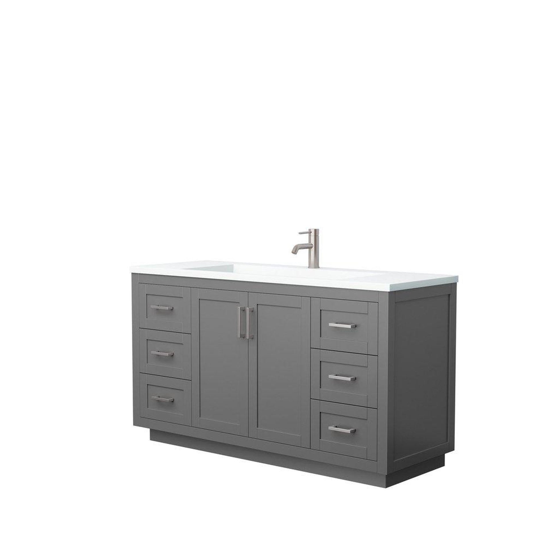 Wyndham Collection Miranda 60" Single Bathroom Dark Gray Vanity Set With 1.25" Thick Matte White Solid Surface Countertop, Integrated Sink, And Brushed Nickel Trim