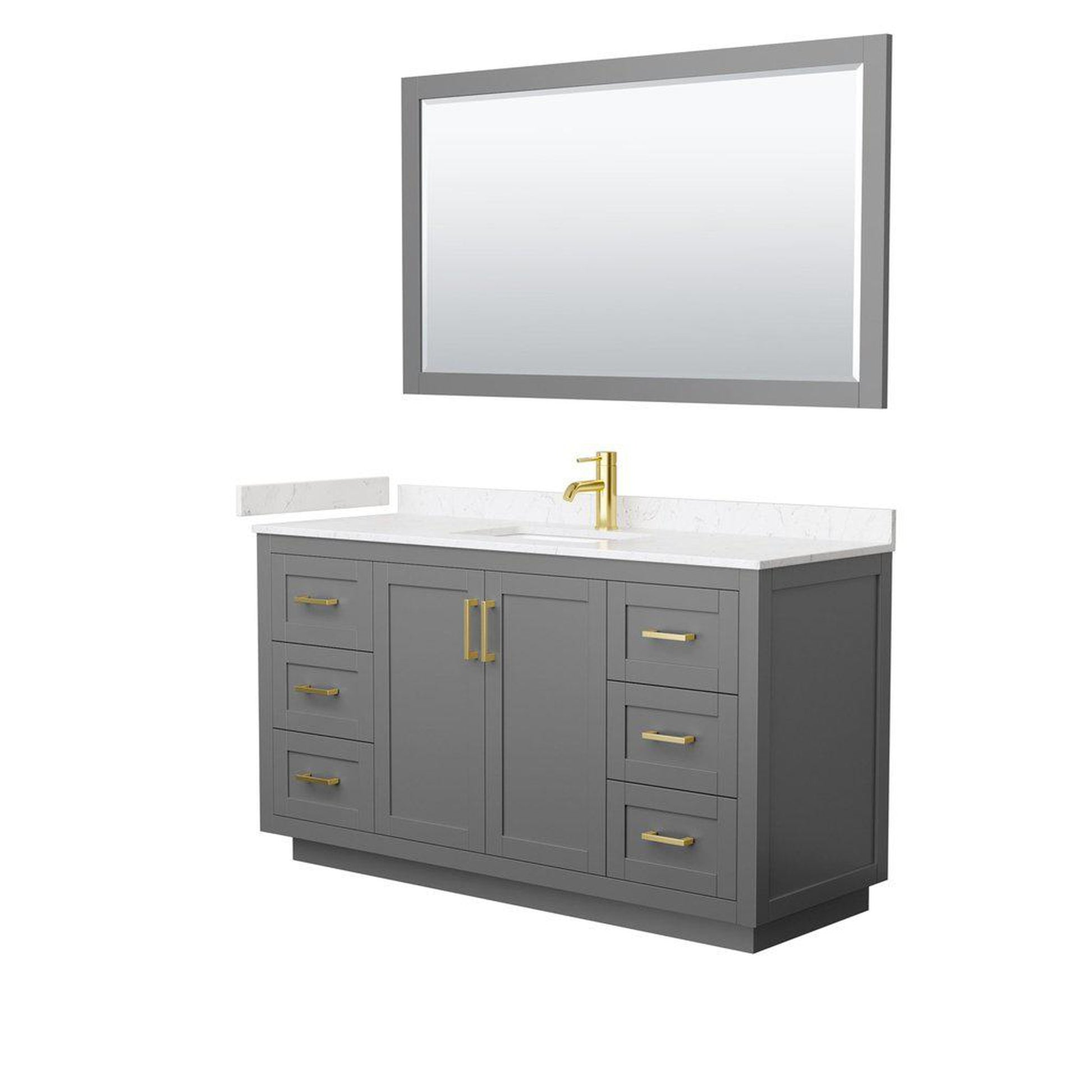 Wyndham Collection Miranda 60" Single Bathroom Dark Gray Vanity Set With Light-Vein Carrara Cultured Marble Countertop, Undermount Square Sink, 58" Mirror And Brushed Gold Trim