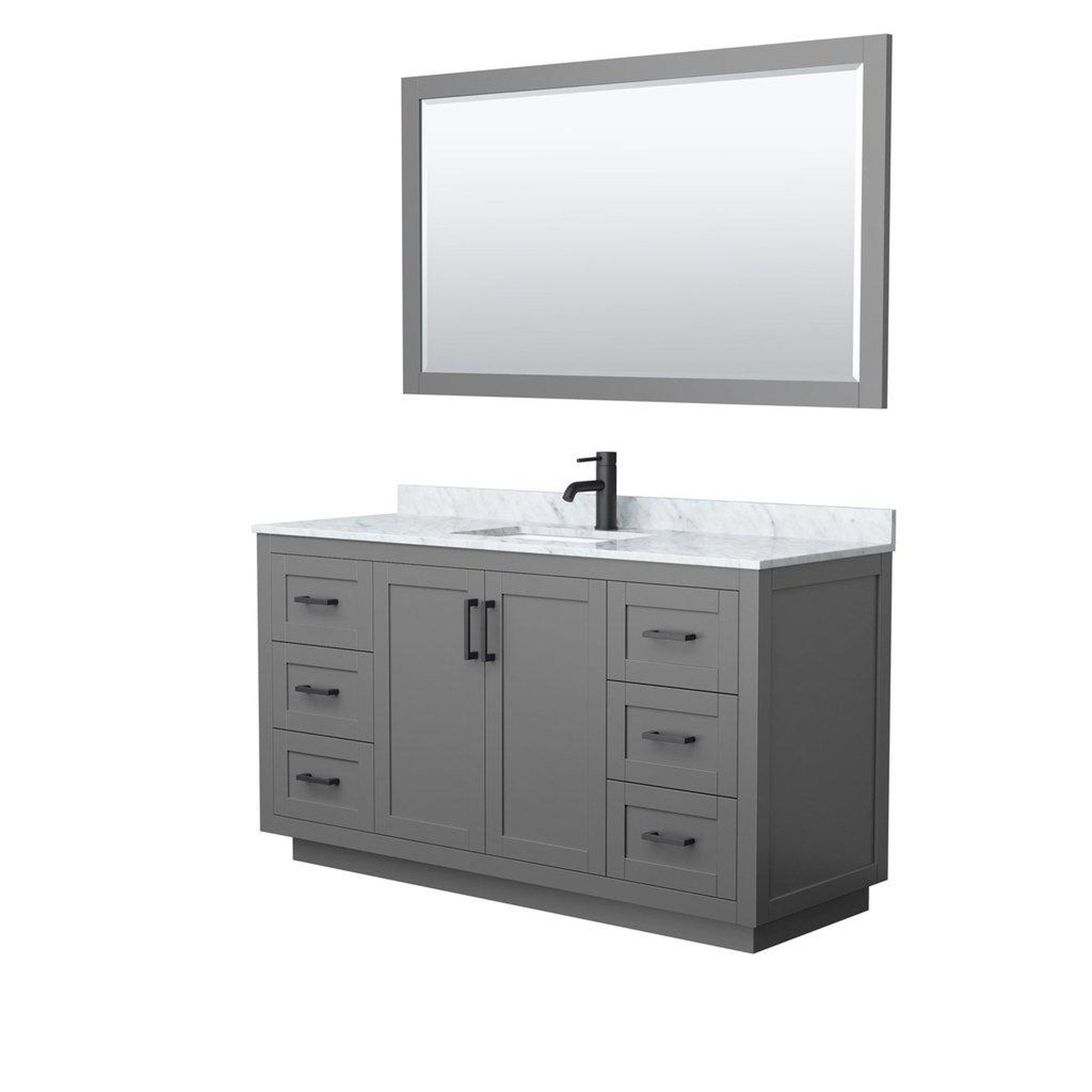 Wyndham Collection Miranda 60" Single Bathroom Dark Gray Vanity Set With White Carrara Marble Countertop, Undermount Square Sink, 58" Mirror And Matte Black Trim