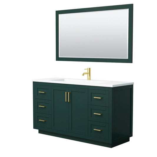 Wyndham Collection Miranda 60" Single Bathroom Green Vanity Set With 1.25" Thick Matte White Solid Surface Countertop, Integrated Sink, 58" Mirror And Brushed Gold Trim