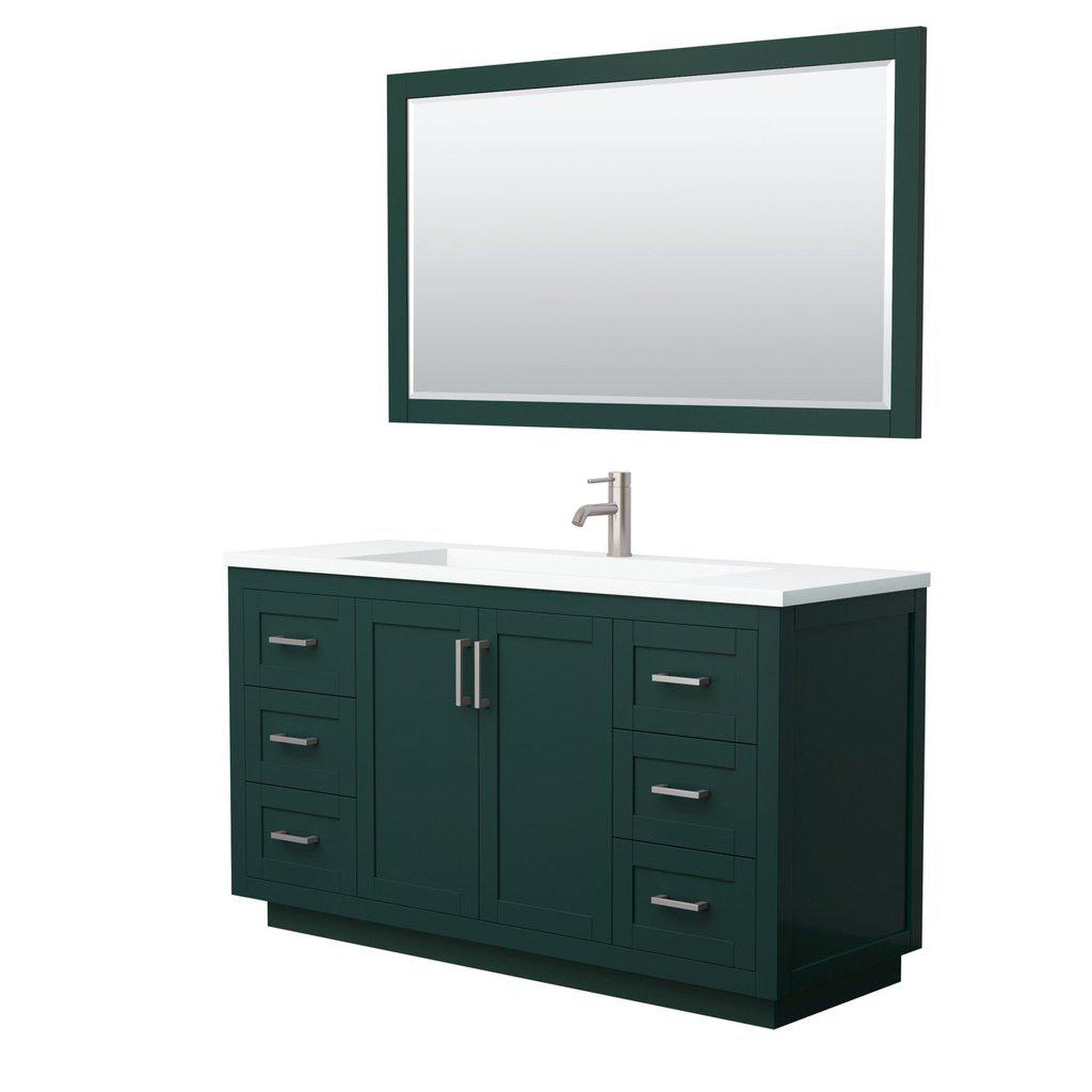 Wyndham Collection Miranda 60" Single Bathroom Green Vanity Set With 1.25" Thick Matte White Solid Surface Countertop, Integrated Sink, 58" Mirror And Brushed Nickel Trim