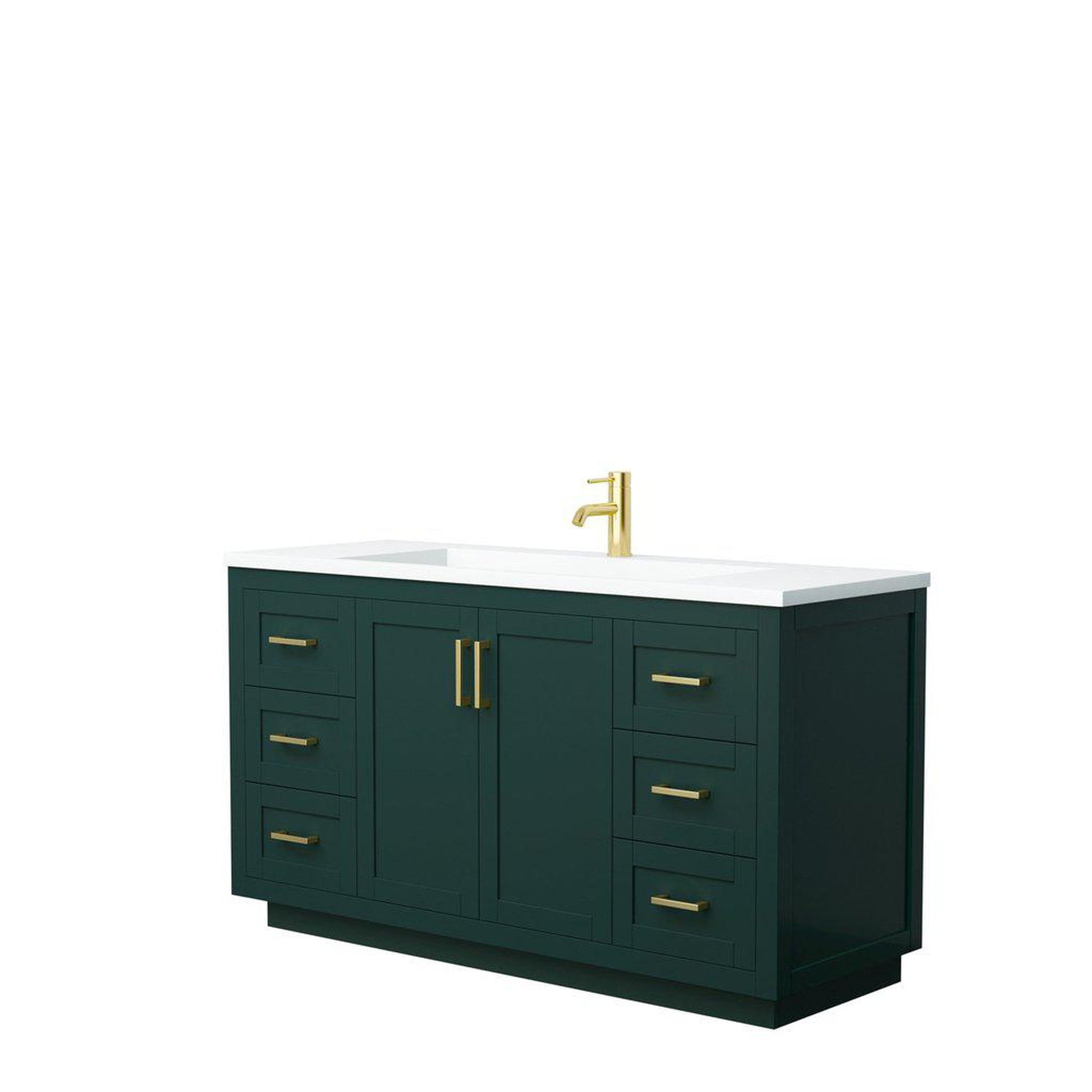 Wyndham Collection Miranda 60" Single Bathroom Green Vanity Set With 1.25" Thick Matte White Solid Surface Countertop, Integrated Sink, And Brushed Gold Trim
