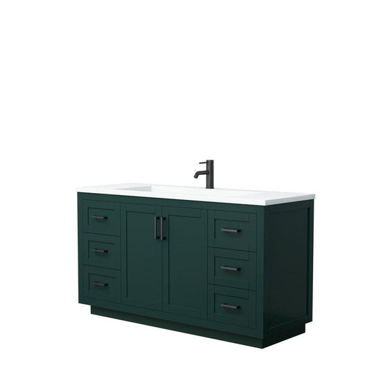 Wyndham Collection Miranda 60" Single Bathroom Green Vanity Set With 1.25" Thick Matte White Solid Surface Countertop, Integrated Sink, And Matte Black Trim