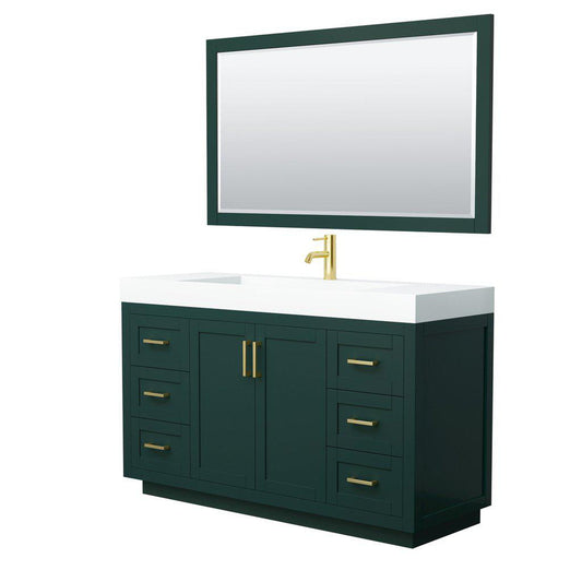Wyndham Collection Miranda 60" Single Bathroom Green Vanity Set With 4" Thick Matte White Solid Surface Countertop, Integrated Sink, 58" Mirror And Brushed Gold Trim