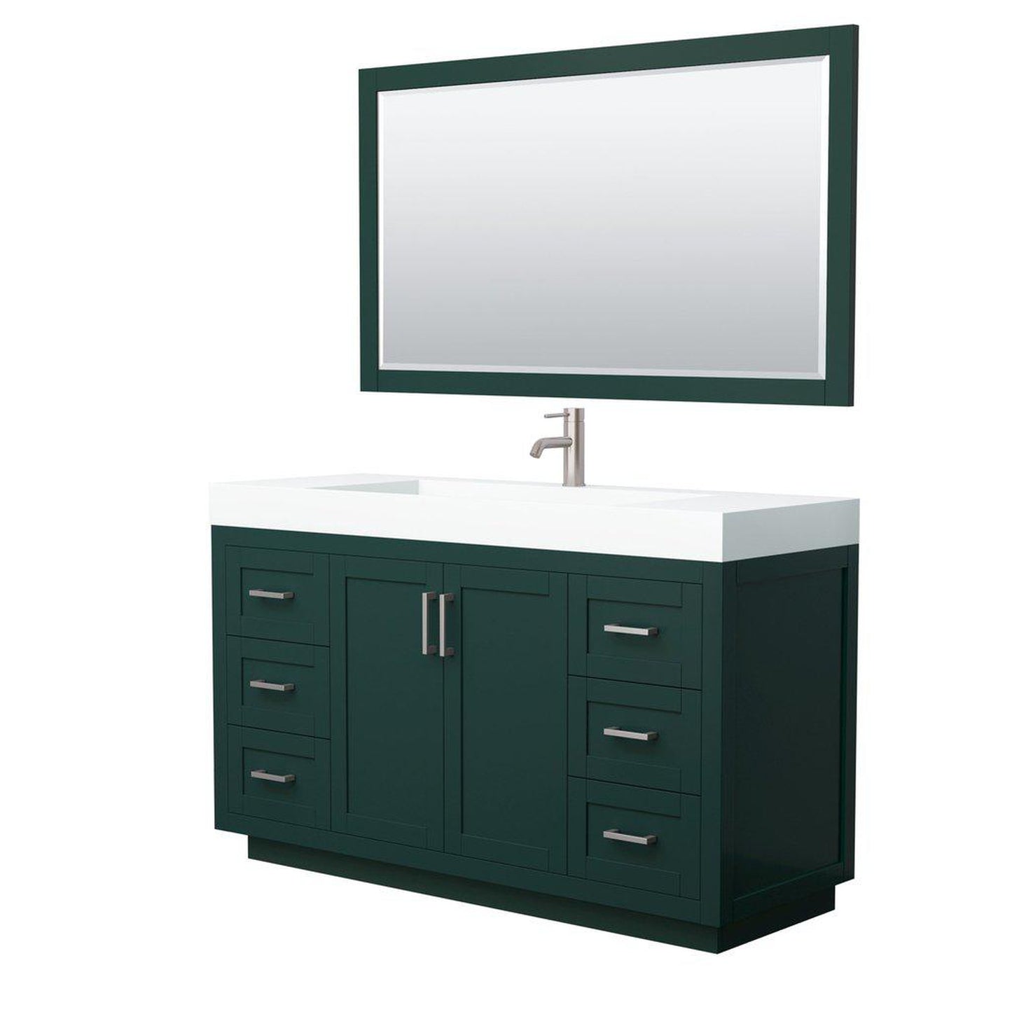Wyndham Collection Miranda 60" Single Bathroom Green Vanity Set With 4" Thick Matte White Solid Surface Countertop, Integrated Sink, 58" Mirror And Brushed Nickel Trim