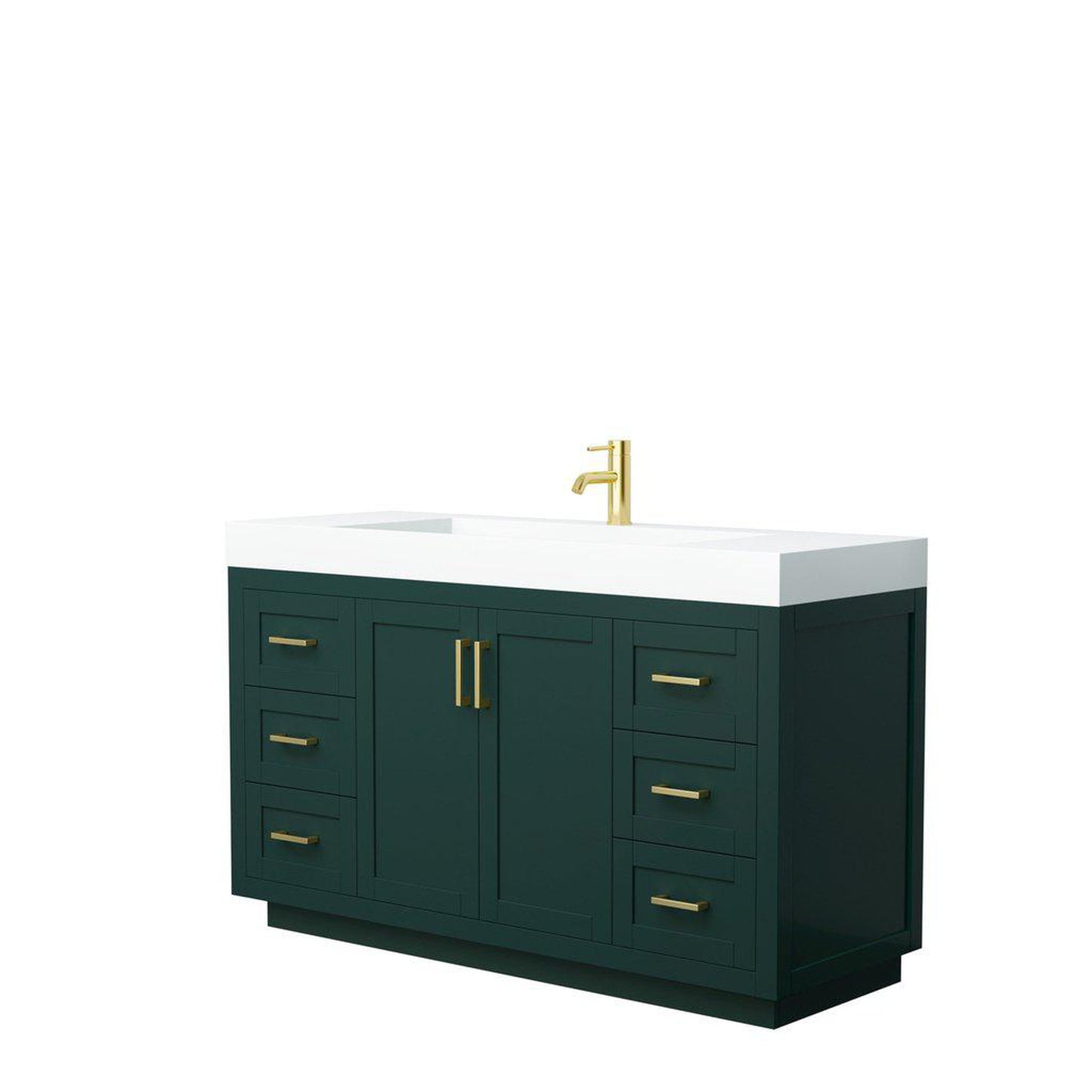 Wyndham Collection Miranda 60" Single Bathroom Green Vanity Set With 4" Thick Matte White Solid Surface Countertop, Integrated Sink, And Brushed Gold Trim