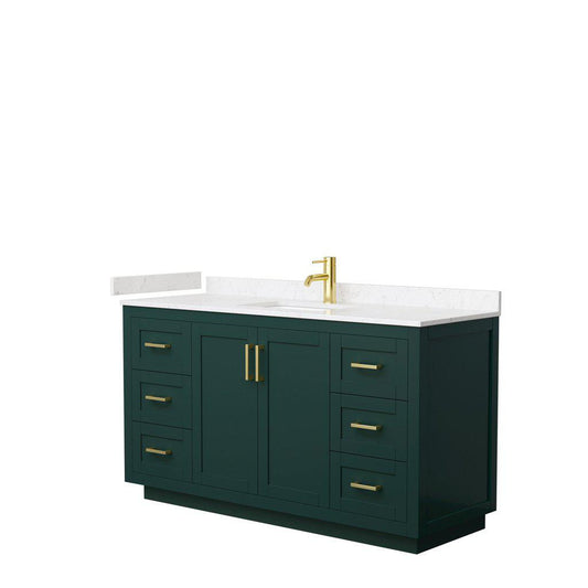 Wyndham Collection Miranda 60" Single Bathroom Green Vanity Set With Light-Vein Carrara Cultured Marble Countertop, Undermount Square Sink, And Brushed Gold Trim